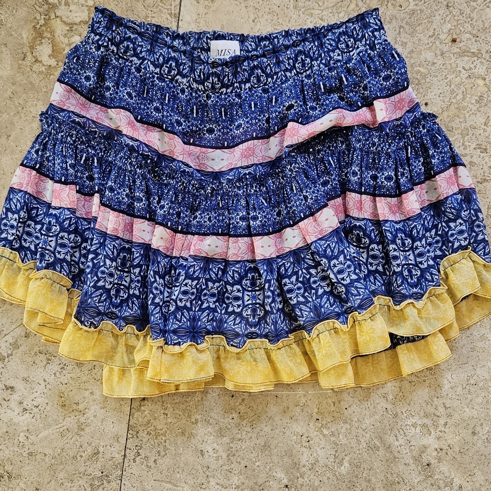 MISA Marion Mini Skirt Multicolor Tiered Tile Print Combo Pleated Size Large